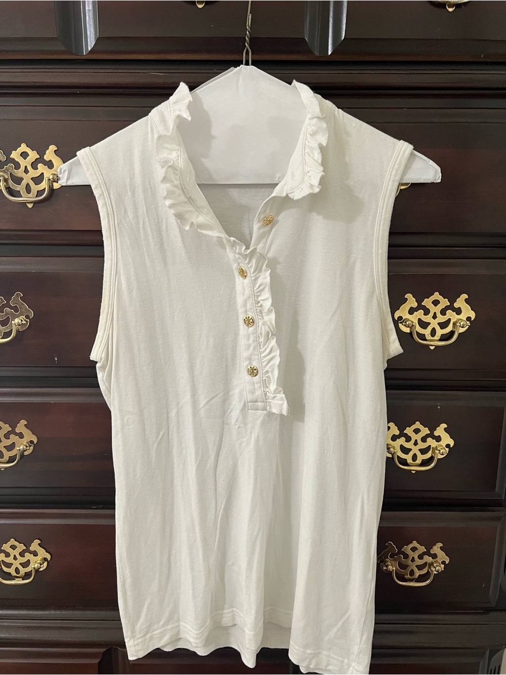 Tory Burch White Ruffle Collar Sleeveless Polo